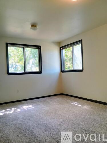 A room with two windows and a carpeted floor.
