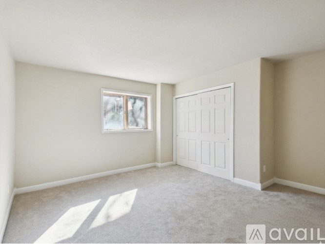 A room with a carpeted floor, a white door, and a window with a view of trees outside.