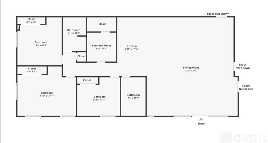 A floor plan of an apartment with two bedrooms, two bathrooms, a living room, a kitchen, and a laundry room.