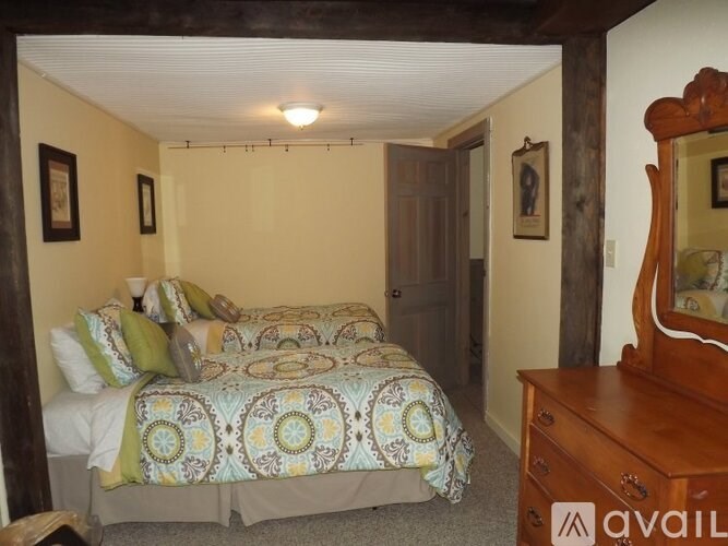 A bedroom with a bed, dresser, and mirror.