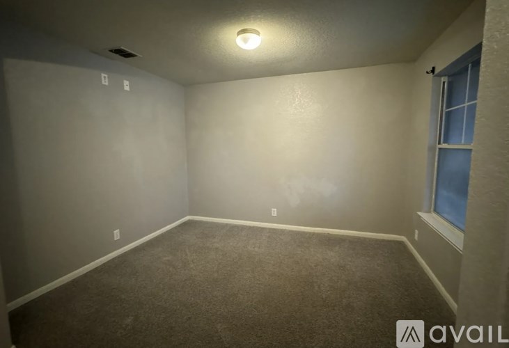A room with a carpeted floor and a window.