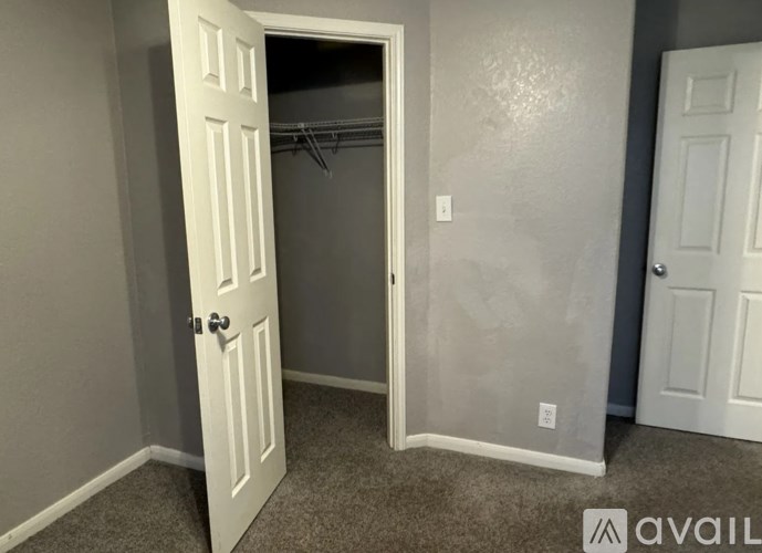 A white door is open to a room with a closet.