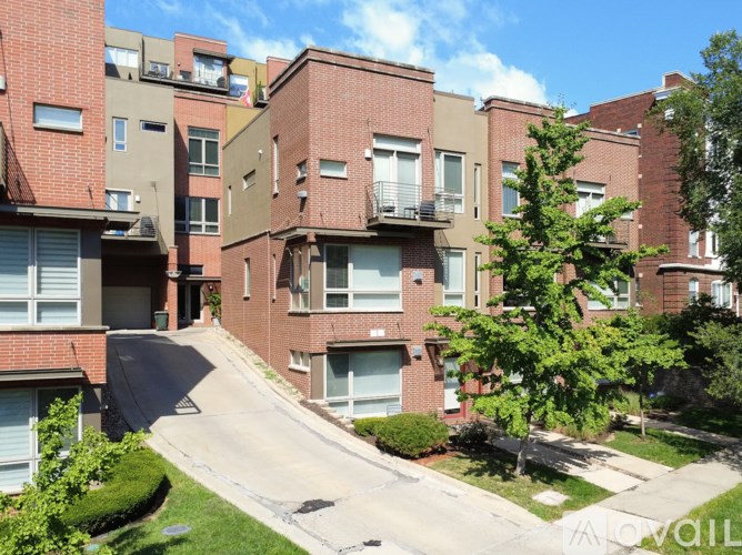 A row of apartment buildings with a tree in front of them.