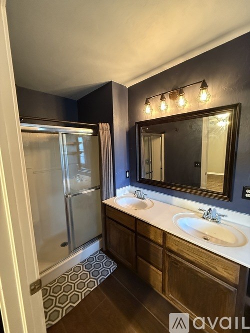 A bathroom with a sink, mirror, and shower.