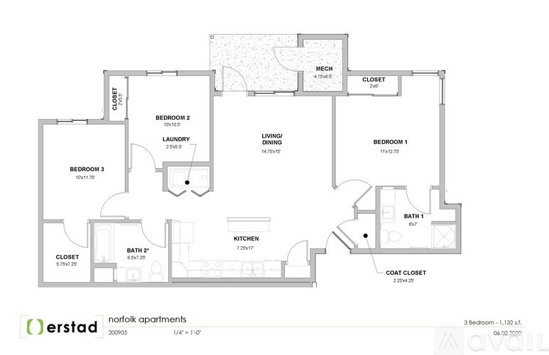 A floor plan of a 3 bedroom apartment with a living room, kitchen, and bathrooms.