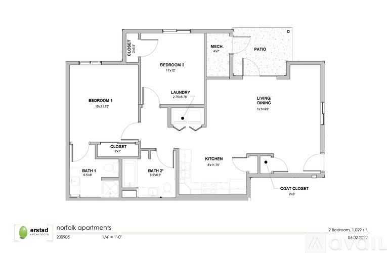A floor plan of a 2 bedroom apartment.