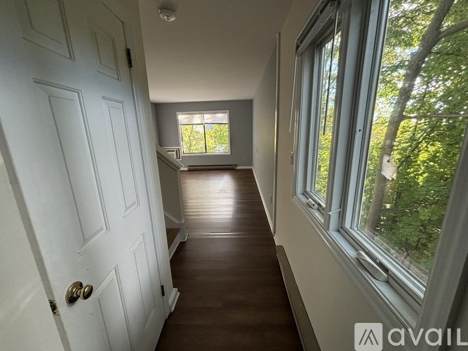 A hallway with a white door and a window with a view of trees.