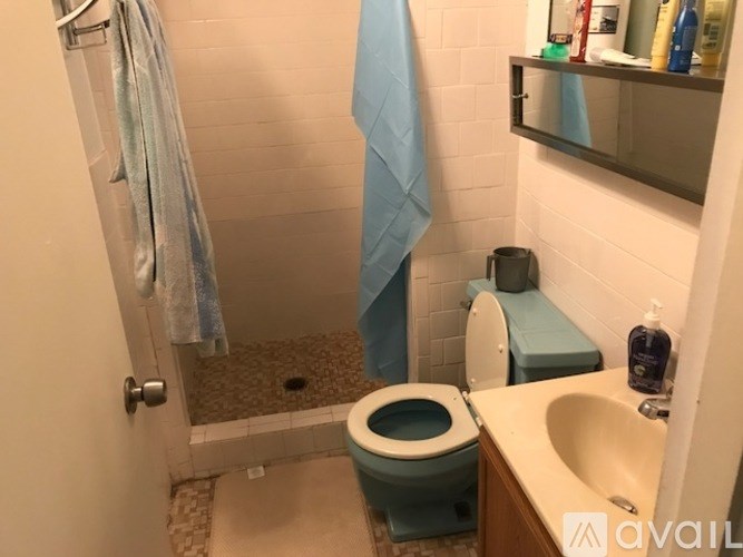 A bathroom with a toilet, sink, and shower.
