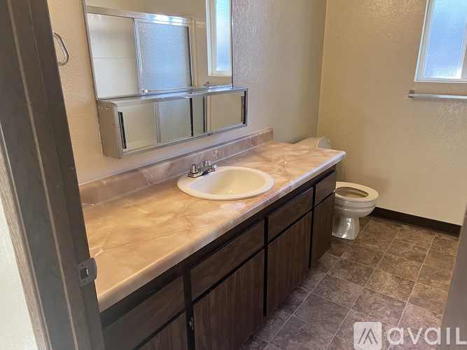 A bathroom with a sink, mirror, and toilet.