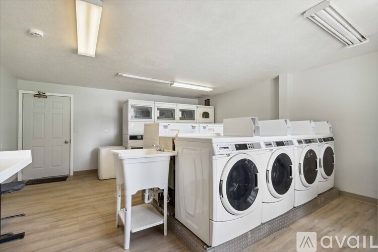 A laundry room with a washer and dryer set up.