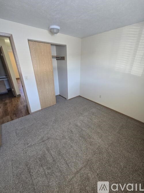 A room with a carpeted floor and a closed door.