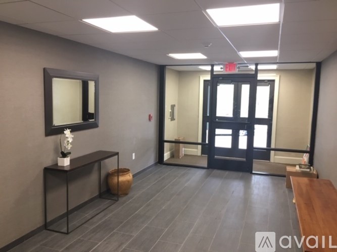 A hallway with a black door and a mirror on the wall.