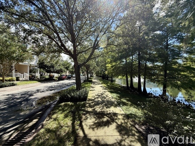 A tree-lined street with a house on the left and a body of water on the right.