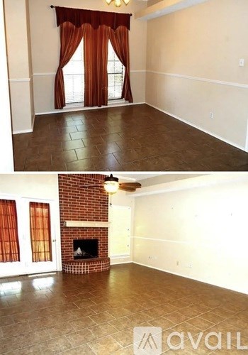 Two images of a room with a fireplace and a window with curtains.