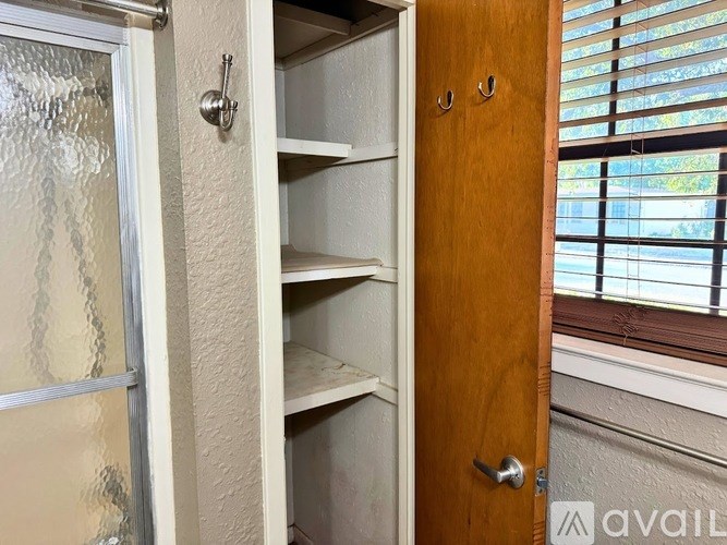 A small, empty pantry with a door open to a window.