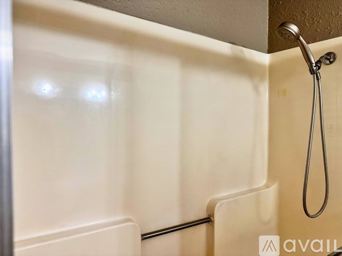 A shower area with a shower head and a hose.