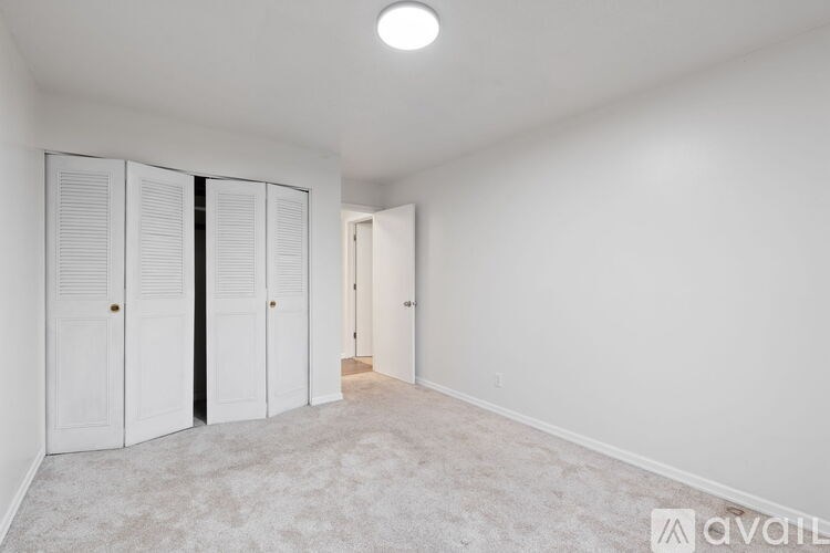 A room with white walls and carpeted floor with three closet doors.