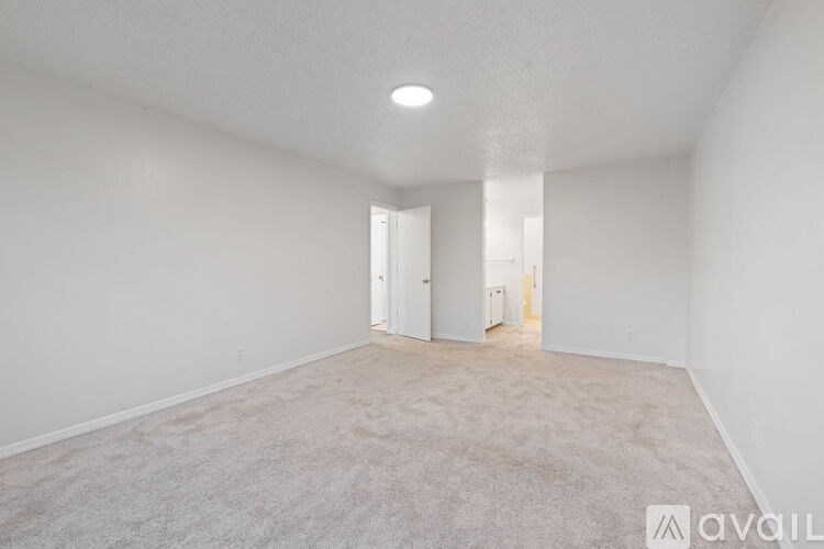 A spacious room with carpeted floor and two doors.