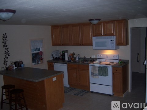 A kitchen with wooden cabinets and a white dishwasher.