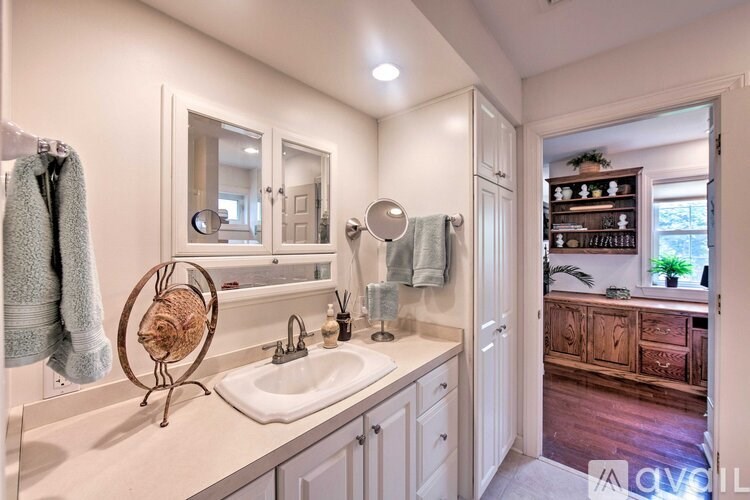 A bathroom with a white sink and a mirror above it.