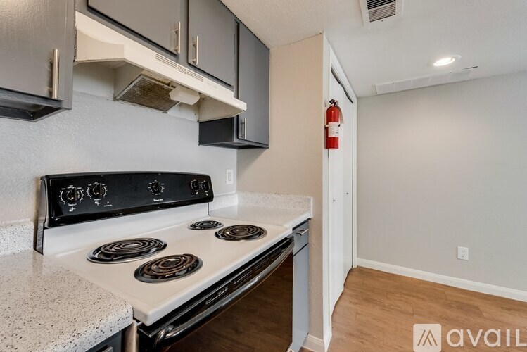 A kitchen with a stove top oven and a wall-mounted range hood.