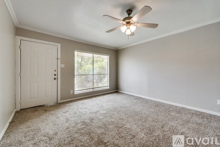 A room with a ceiling fan and carpeted floor.