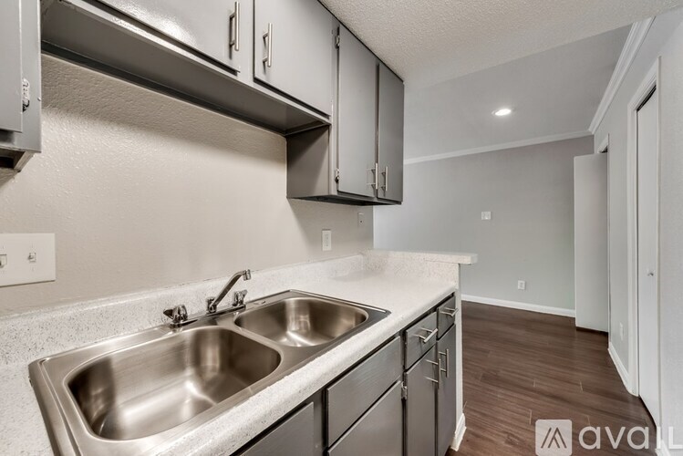 A kitchen with a stainless steel sink and black cabinets.