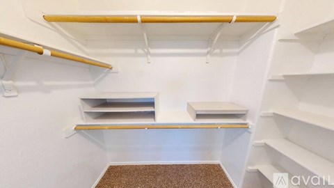A small, white, and empty walk-in closet with a brown carpet.