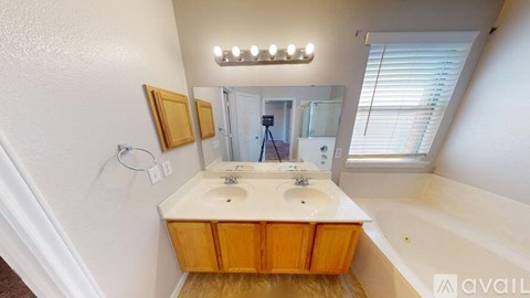 A bathroom with a double sink vanity and a large mirror.