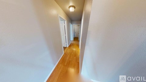 A long hallway with a light on the ceiling and doors on the right.