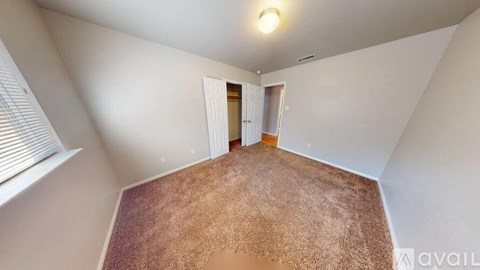 A room with a brown carpet and a white wall.