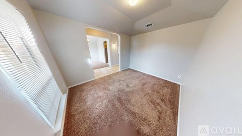 A room with a brown carpet and a white wall.