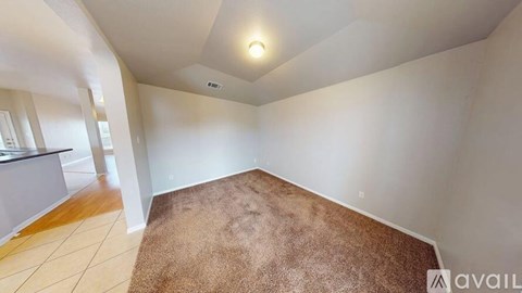 A room with a brown carpet and a white wall.