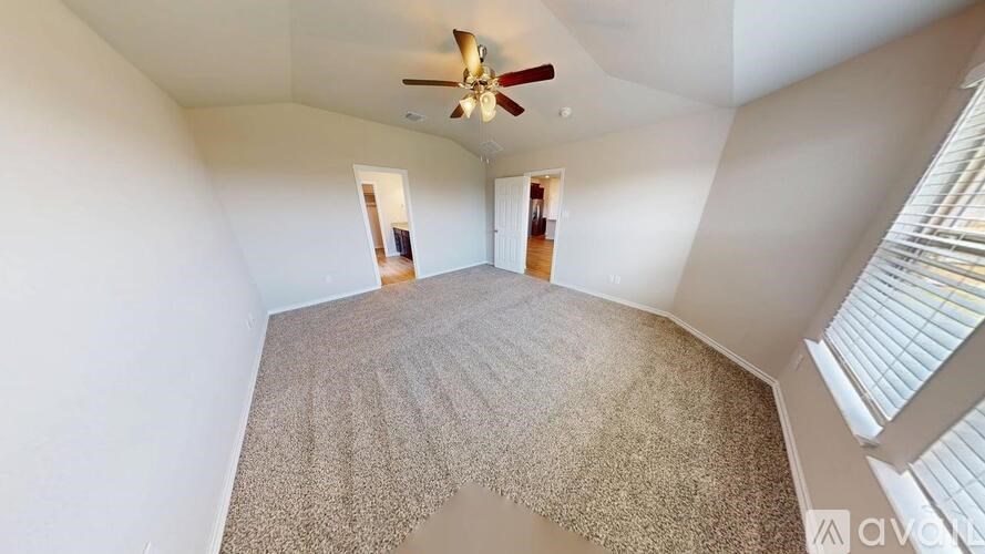 A carpeted staircase leads to another room.