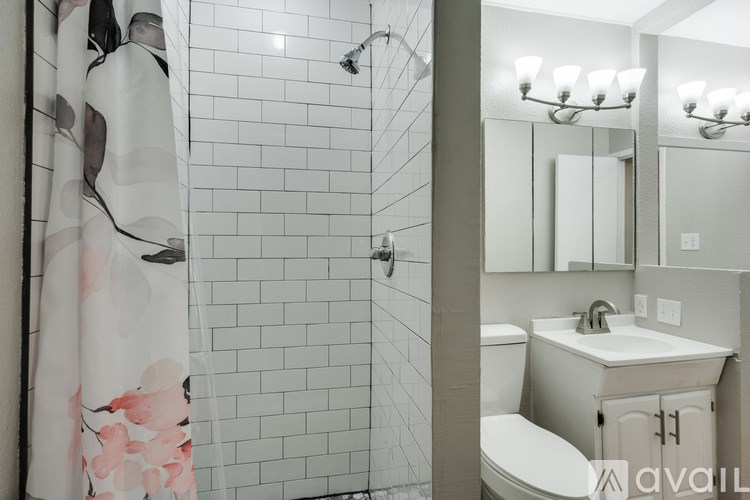 A bathroom with a white sink, toilet, and a shower with a floral shower curtain.