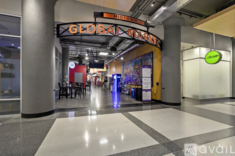 A sign that says "Global Market" is hanging from the ceiling.