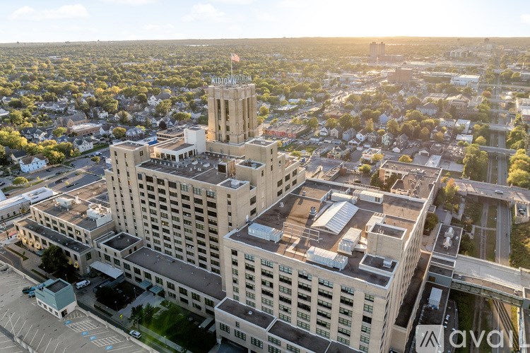 A large building with a flag on top is surrounded by other buildings.