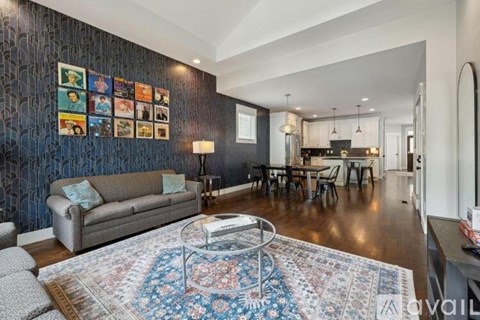 A living room with a grey couch and a patterned rug.