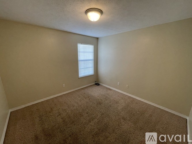A carpeted room with a window and a ceiling light.