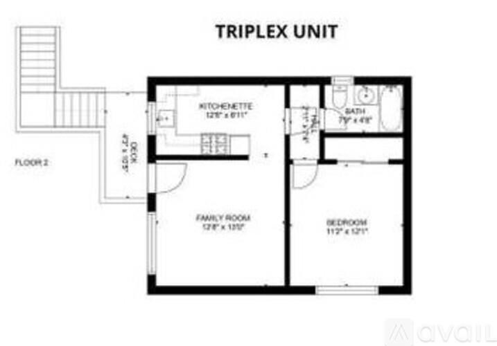A floor plan of a Triplex Unit with a kitchenette, family room, and two bedrooms.