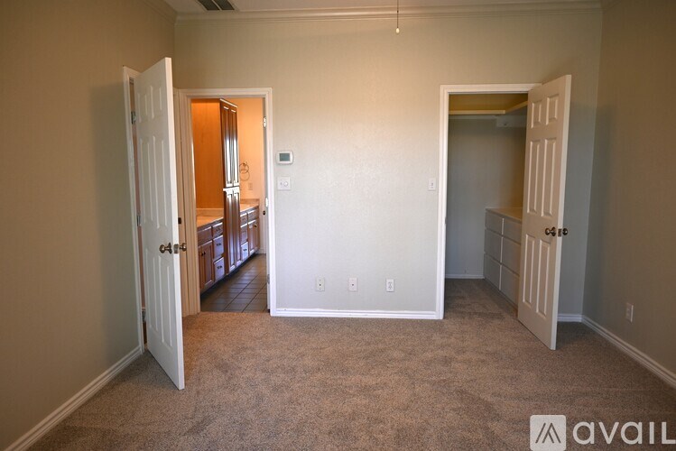 A room with a carpeted floor and two open doors leading to other rooms.