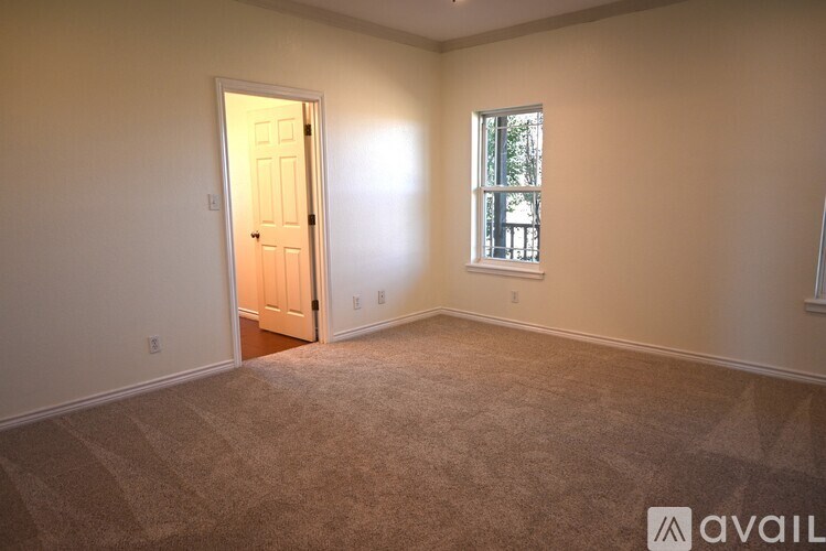 A room with a carpeted floor, a door, and a window.