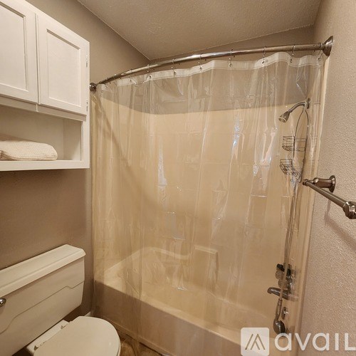 A bathroom with a toilet, a shower curtain, and a shower head.