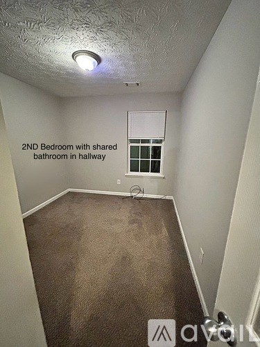 A room with a carpeted floor and a window with a white frame.