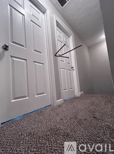 A hallway with two doors and a carpeted floor.
