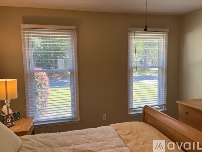 A bedroom with a bed, nightstand, and two windows with blinds.