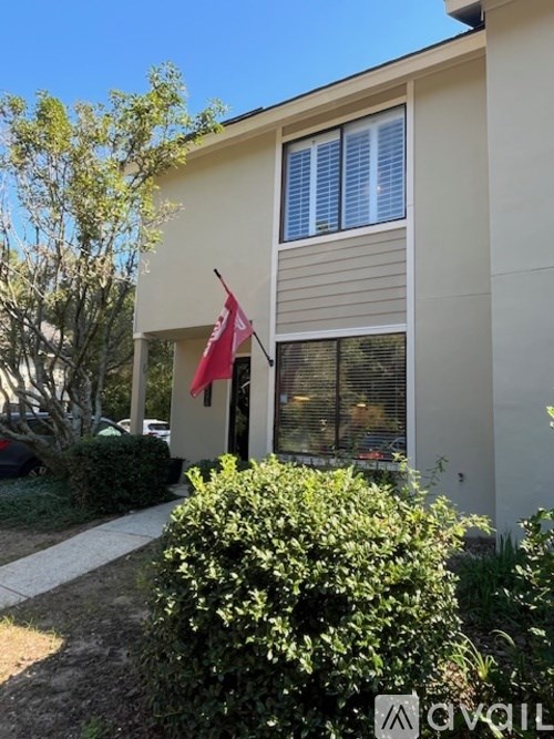 A house with a red flag on the front.