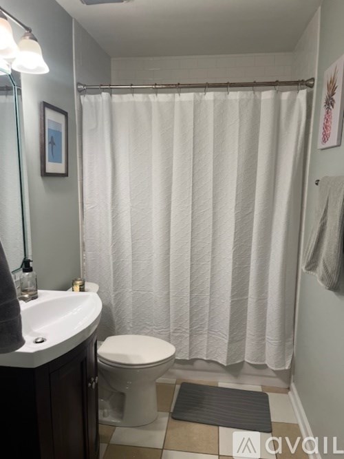 A white shower curtain in a bathroom.