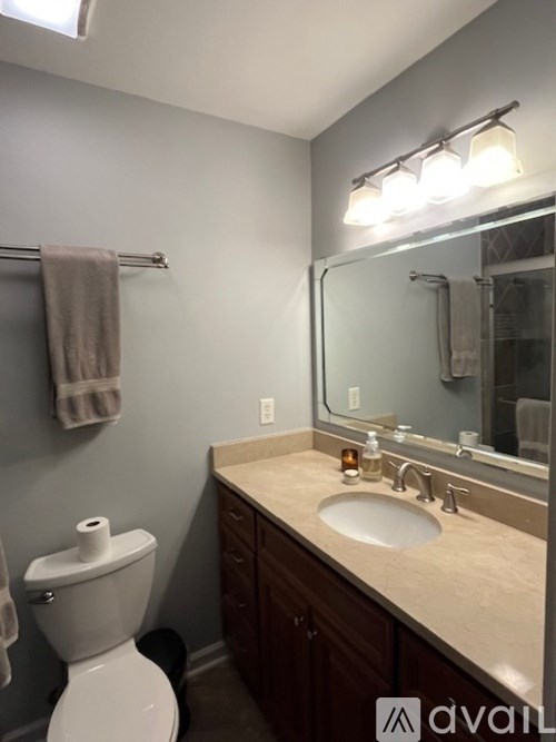 A bathroom with a toilet, sink, mirror, and lights.