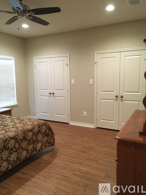 A bedroom with a bed, two closets, and a ceiling fan.